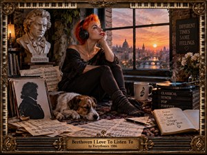 A red-haired woman in headphones sits beside a sunset window in a warmly lit music studio, surrounded by sheet music, records, a Beethoven bust, flowers, and a sleeping dog. Rich amber, bronze, and black tones create a nostalgic, intimate mood, framed by ornate piano-key details and vintage decorative metalwork.