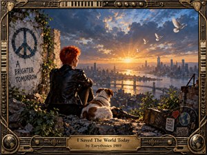 A red-haired figure and loyal dog overlook a sprawling river city at sunrise from a ruined, ivy-covered perch. Golden light breaks through dramatic blue-gray clouds as white doves cross the sky. Rich bronze framing, musical hardware, weathered stone, and a battered guitar case give the digital painting a hopeful, reflective, handcrafted character.