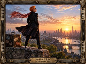 A red-haired woman in a dark windblown coat stands above a glowing city at sunrise, facing the horizon with quiet determination. Warm gold and copper light contrast with cool urban shadows, while a vintage suitcase and weathered rock suggest departure and renewal. An ornate music-themed frame completes the cinematic, handcrafted composition.