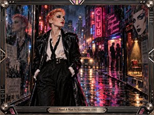 A confident red-haired woman in sharp black leather strides through a rain-soaked neon city at night, surrounded by glowing clubs, reflections, shadowed figures, and an empty chair. Electric pinks, blues, reds, and amber light create a tense, glamorous mood, rendered in richly textured mixed media within a metallic retro frame.