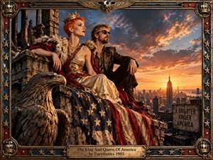 A crowned couple surveys a glowing city skyline from a weathered rooftop, surrounded by crumbling stone, a monumental eagle, and a tattered American flag. Fiery sunset light bathes the scene in gold, crimson, and deep blue. Ornate patriotic metalwork frames the cinematic, satirical portrait with faded grandeur and theatrical authority.