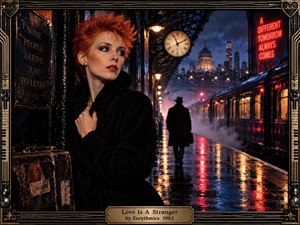 A red-haired woman waits on a rain-soaked nighttime train platform as a shadowy traveler walks away beside a glowing train. Deep blues, black, bronze, and vivid red reflections create a tense, romantic mood. Dramatic cinematic lighting, mist, Art Deco framing, a city skyline, clock, and weathered luggage enrich the handcrafted noir atmosphere.