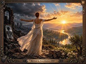 A solitary figure in a flowing ivory dress stands between a ruined, storm-darkened landscape and a radiant golden valley at sunrise. Outstretched arms suggest renewal and release, while rivers, distant villages, flowers, and warm light create hope. Painterly realism, rich contrasts, and an ornate bronze musical frame complete the scene.