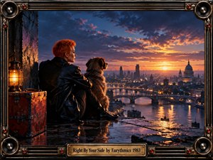 A red-haired woman and shaggy dog sit together on a rain-slick rooftop overlooking a glowing riverside city at sunset. Deep blues, violet clouds, and warm amber light create a reflective, loyal mood. A weathered trunk, lantern, bridges, and domed skyline add cinematic detail within an ornate industrial metal frame.