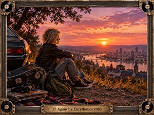 A young woman in a leather jacket sits beside a vintage car on a hillside overlooking a glowing river city at sunset. Warm orange, pink, and violet light creates a wistful, reflective mood. Records, headphones, a guitar case, and worn travel gear add nostalgic detail within a richly textured retro frame.
