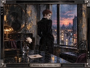 A solitary red-haired woman stands beside a rain-streaked window overlooking a glowing city at dusk, her reflection fading into a shadowed mirror. Cool blue-gray tones contrast with warm amber lights, while a white flower, sealed letter, worn textures, and metallic framing create a melancholic, handcrafted mixed-media atmosphere.