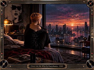 A solitary short-haired woman sits on a rumpled bed, gazing through rain-streaked glass at a glowing city sunset. Warm amber lamplight contrasts with deep blues, reds, and black shadows, creating reflective melancholy. Retro photographic realism, vinyl records, portrait art, luxurious textures, and an ornate metallic frame reinforce the late-1980s atmosphere.