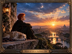 A red-haired woman and her resting dog sit on a weathered stone terrace overlooking a glowing riverside city at sunset. Warm amber light breaks through dramatic blue-gray clouds, illuminating bridges, domes, and distant hills. The cinematic, photorealistic scene feels reflective and hopeful, framed by ornate bronze metalwork and heart motifs.