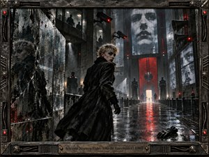A wary figure turns through a rain-slicked dystopian corridor beneath surveillance cameras, looming faces, guards, and loudspeakers. Cold steel, charcoal, and blue-gray tones are pierced by warning red lights and a distant white doorway. Gritty cinematic realism, cracked reflections, wet textures, and an industrial metal frame intensify the oppressive mood.