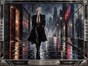 A solitary, sharply dressed figure strides through a rain-soaked nighttime city, projecting cool resolve and emotional distance. Neon magenta, cyan, silver, and warm amber reflections shimmer across wet pavement beneath misty streetlights. Textured painterly surfaces, dramatic perspective, geometric architecture, and an industrial synth-inspired metal frame create a stylish early-1980s new-wave atmosphere.