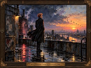 A solitary, androgynous figure in a windblown black coat stands on a rain-slick rooftop, facing a glowing city sunrise. Deep blues, charcoal, rose, and gold create a hopeful, reflective mood. Textured oil-and-encaustic brushwork, shimmering puddles, distant bridges, birds, industrial details, and an ornate bronze frame enrich the cinematic composition.