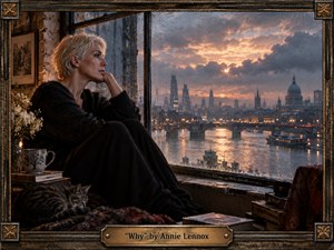 A contemplative woman sits curled beside a rain-streaked window, gazing over a misty river and glowing city skyline at dusk. Deep charcoal clothing and warm bronze accents contrast with cool blue-gray clouds and amber reflections. The richly textured digital artwork feels cinematic and intimate, with books, flowers, a sleeping cat, and a weathered frame reinforcing its melancholy atmosphere.