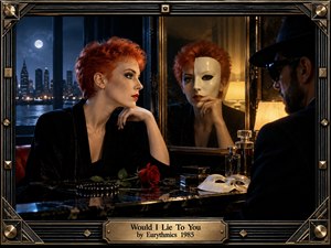 A red-haired woman sits at a polished vanity overlooking a moonlit city, facing a shadowed man while her masked reflection suggests secrecy and doubt. Cool blue night tones contrast with warm amber lamps, glossy black surfaces, roses, perfume bottles, and theatrical masks. An ornate Art Deco frame completes the tense, cinematic composition.