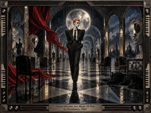 A striking red-haired figure in a sharp black suit strides through an endless mirrored hall beneath a glowing moon. Crimson drapery, fractured statues, empty chairs, and a watchful black panther create an eerie dreamscape. Deep blues, silver, black, and red combine with reflective surfaces, dramatic lighting, and surreal 1980s new-wave styling.