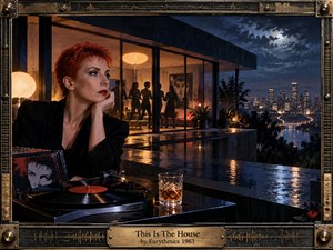 A red-haired woman sits pensively beside a turntable in a sleek hillside home, while silhouetted dancers move behind glass walls overlooking a rain-soaked city. Warm amber interiors contrast with deep blue night skies, wet reflections, and moonlight. The cinematic 1980s composition is framed with ornate metallic, synth-inspired detailing.