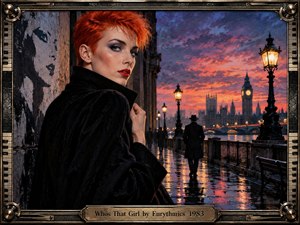 A red-haired woman in a dark coat looks back along a rain-slicked London riverside at sunset, her poised expression creating intrigue and tension. Glowing streetlamps, distant figures, Big Ben, and fiery violet-orange clouds deepen the cinematic mood. Rich painterly textures and an ornate metallic frame evoke sophisticated 1980s new-wave drama.