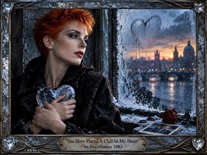A red-haired woman stands beside a frost-covered window, clutching a translucent ice heart as she gazes toward a distant city at sunset. Cold blues and silvery grays contrast with warm amber light, creating a melancholic, romantic mood. A fallen rose, photographs, icy textures, and an ornate metal frame deepen the cinematic realism.