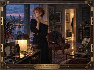 A pensive red-haired woman stands beside a rain-streaked city window in a richly detailed 1980s apartment, surrounded by vinyl records, warm lamps, flowers, and an open glowing doorway. Cool blues and mauves contrast with amber light, while textured oil-painting brushwork, brass framing, and nostalgic decor create a wistful mood of longing, reassurance, and return.