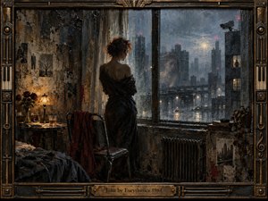 A solitary woman stands beside a rain-streaked window overlooking a bleak nocturnal city, surrounded by worn walls, photographs, roses, and a glowing lamp. Smoky blues, charcoal, amber, and crimson create a tense, melancholic mood. Heavy oil-and-encaustic textures, ghostly reflections, and an industrial bronze frame deepen the haunting atmosphere.