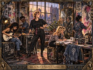 A confident group of women transforms a gritty 1980s industrial loft into a shared creative space, playing guitar, writing, painting, and working with equipment. Warm sunset light pours through factory windows, balancing charcoal, indigo, denim, and brass tones. Rich mixed-media textures, worn surfaces, cracked mirrors, and an ornate metal frame create a powerful, handcrafted atmosphere.