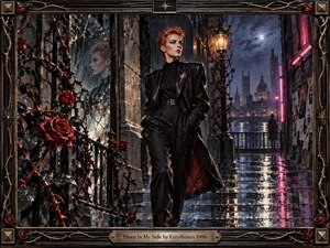 A poised red-haired figure in a sharply tailored black suit stands in a rain-soaked urban passage, framed by thorny roses, cracked reflections, and distant city lights. Cool blues, charcoal, crimson, and neon magenta glow across wet pavement, creating a tense, defiant mood in richly textured, handcrafted oil-painting style.