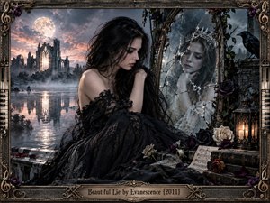 A dark-haired woman in a torn black lace gown sits beside a cracked antique mirror overlooking a misty lake and ruined cathedral. Moonlight, lantern glow, roses, books, sheet music, and a raven deepen the gothic melancholy. Ornate bronze musical framing surrounds the cinematic, highly detailed composition.