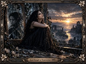 A dark-haired woman in a flowing black dress rests beside a cracked mirror overlooking misty Gothic ruins and a glowing river valley. Golden sunset light pierces storm clouds, contrasting with deep blue-black shadows. Lilies, ivy, scattered petals, and ornate bronze framing create a romantic, melancholic cinematic atmosphere.