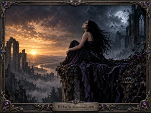 A solitary woman in a flowing black and violet gown sits upon a ruined stone ledge above a misty gothic valley. Warm sunset glows against cold moonlight, creating tension between hope and sorrow. Crumbling arches, ravens, tangled vines, dramatic clouds, jeweled metalwork, and cinematic realism deepen the haunting atmosphere.