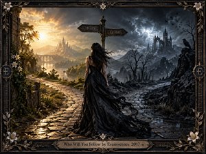 A solitary woman in a flowing black gown stands at a crossroads beneath a stormy sky, facing a signpost between radiant hope and desolate fear. Golden sunlight contrasts with icy shadows, ruined towers, ravens, and a distant castle. The image feels gothic, cinematic, and symbolic, enclosed by an ornate floral metal frame.