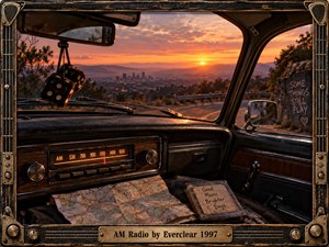 A weathered vintage car overlooks a glowing city at sunset, its illuminated AM radio, road map, fuzzy dice, and worn travel case evoking restless nostalgia. Warm orange and pink light fills the cinematic landscape, while distressed metal framing, guitar-inspired details, roadside graffiti, and distant mountains reinforce a reflective retro-road atmosphere.