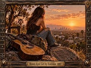 A young woman sits on a rocky overlook beside a worn acoustic guitar, watching a glowing city sunset. Warm amber light, distant mountains, palm trees, and rugged textures create a nostalgic, reflective mood. A weathered wooden guitar-inspired frame and engraved brass title plate complete the cinematic photographic composition.