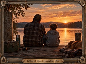 A father and son sit together on a weathered lakeside dock at sunset, joined by a resting dog, fishing gear, and a worn tackle box. Warm amber light reflects across calm water beneath glowing clouds. The cinematic, nostalgic composition is enclosed by a rugged metal-and-wood frame with musical details and an engraved title plate.