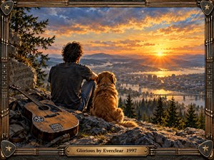 A lone man and golden dog overlook a misty river city at sunset, surrounded by rugged rocks, evergreen trees, and distant mountains. Warm orange light breaks through dramatic clouds, creating a hopeful, reflective mood. A weathered acoustic guitar and ornate string-and-metal frame reinforce the rock-inspired painted aesthetic.