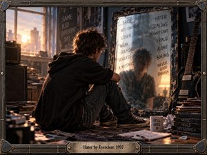 A solitary young figure sits before a battered mirror covered in harsh words, surrounded by guitars, amplifiers, scattered papers, and worn records. Warm sunset light cuts through the dark room, creating a tense yet resilient mood. Gritty cinematic realism, distressed textures, and a string-and-metal frame reinforce the raw emotional atmosphere.