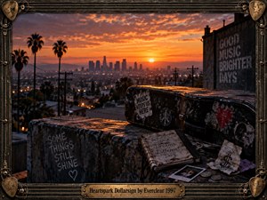 A weathered rooftop overlooks a glowing city at sunset, framed by guitar strings, metal fittings, and worn picks. A battered guitar case, notebook, photographs, coins, and graffiti suggest restless nostalgia and working-class hope. Warm orange light contrasts with dark urban textures, creating a cinematic, bittersweet 1990s alternative-rock atmosphere.