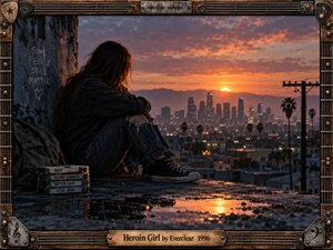 A solitary young woman sits on a rain-darkened rooftop overlooking a glowing city at sunset, surrounded by worn belongings and hopeful cassette labels. Warm orange light contrasts with cool blue shadows, creating a tense, reflective mood. A distressed guitar-themed metal and wood frame completes the cinematic photographic composition.