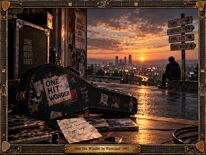 A weathered guitar case and vintage music gear frame a solitary figure overlooking a glowing city at sunset, evoking fleeting fame and stubborn creative hope. Warm amber light reflects across wet pavement while distressed signs, handwritten notes, and worn equipment create a nostalgic, cinematic 1990s atmosphere of ambition, memory, and resilience.