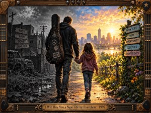 A man and young girl walk from a ruined gray neighborhood toward a radiant city at sunset, symbolizing escape, hope, and renewal. Warm golden light divides the scene from stormy shadows, while wildflowers, water, signs, and a battered guitar case enrich the cinematic composition within an ornate music-themed frame.