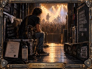 A weary guitarist sits backstage on a battered road case, staring toward a glowing concert stage beyond. Warm amber spotlights pierce smoky shadows, reflecting across a worn floor and stacked equipment. Distressed metal framing, guitar hardware, stickers, cables, and handwritten notes create a gritty, nostalgic rock atmosphere.