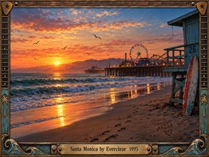 A glowing Santa Monica sunset stretches across rolling surf, wet sand, and the illuminated pier, where a Ferris wheel rises against orange and blue skies. A weathered lifeguard tower and surfboard frame the foreground, while footprints and reflected light create a nostalgic, cinematic mood within an ornate guitar-inspired border.