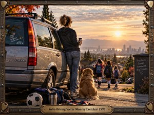 A silver Volvo wagon anchors a warm suburban hillside scene as a mother watches young soccer players walk toward a glowing city skyline. Golden sunset light, autumn trees, sports gear, and a resting dog create a nostalgic, reflective mood. A detailed guitar-inspired metal frame surrounds the cinematic photographic composition.