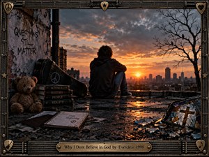 A lone figure sits on a weathered rooftop at sunset, surrounded by old books, a guitar case, childhood objects, scattered photographs, and shattered stained glass. Warm orange light meets brooding gray clouds, creating a reflective, uneasy mood. Cinematic photographic realism and the ornate guitar-inspired frame reinforce memory, doubt, and emotional isolation.