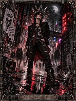 A defiant young rocker commands a rain-soaked neon alley, framed by shadowy wolves and a shattered metallic crown. Crimson reflections streak across black pavement beneath smoky moonlight, while torn posters and distant skyscrapers amplify the restless, rebellious atmosphere. Intricate digital realism and a guitar-inspired metal frame complete the cinematic scene.