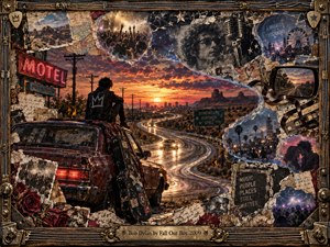 A solitary traveler sits atop a weathered car beside a winding desert highway at sunset. Torn photographs, concert crowds, neon motel signs, roses, and musical relics merge into a nostalgic mixed-media collage. Amber headlights cut through purple twilight, while an ornate guitar-string frame lends the scene restless, romantic melancholy.