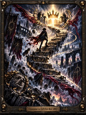 A lone figure climbs shattered stone steps toward a radiant golden crown above a storm-battered city. Crimson banners, swirling sparks, and floating ruins surround the dramatic ascent. Deep charcoal, violet, and gold create a triumphant atmosphere in this cinematic digital painting, enclosed within an ornate metallic frame.