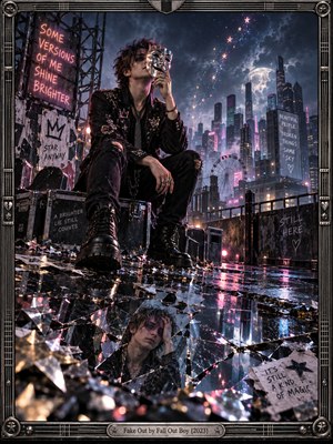 A solitary rocker holds a smiling silver mask above shattered reflections revealing his hidden sadness. Neon pink and blue illuminate a rain-soaked rooftop overlooking a moonlit city. Scattered stars, torn posters, and glowing signs evoke fragile hope amid deception. Cinematic digital artistry and a metallic guitar-inspired frame complete the melancholic scene.