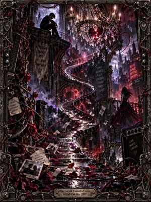 A winding staircase rises through a ruined Gothic cityscape beneath stormy purple skies. Two distant figures embody romantic isolation amid shattered chandeliers, crimson roses, scattered letters, and tangled guitar cables. Dramatic red and silver lighting illuminates this turbulent digital fantasy, enclosed within an ornate metallic frame celebrating passionate, destructive love.