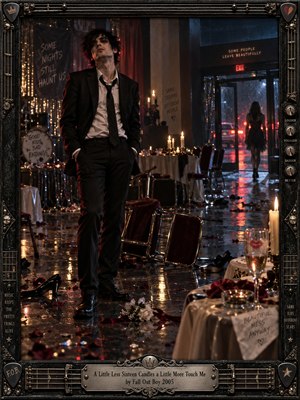 A disheveled young man in a black suit stands amid the wreckage of a deserted dance hall as a woman disappears into rainy neon light. Scattered roses, overturned chairs, and flickering candles reflect across the floor. Burgundy, gold, and midnight blue deepen the cinematic melancholy, enclosed by an ornate guitar-themed metal frame.
