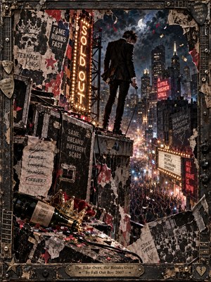 A lone singer stands above a roaring nighttime crowd, microphone dangling against a skyline of glowing towers. Torn punk posters, battered road cases, a discarded crown, and drifting confetti evoke fleeting fame and restless ambition. Deep charcoal, crimson, and electric blue contrast with golden marquee lights in this gritty, framed mixed-media collage.