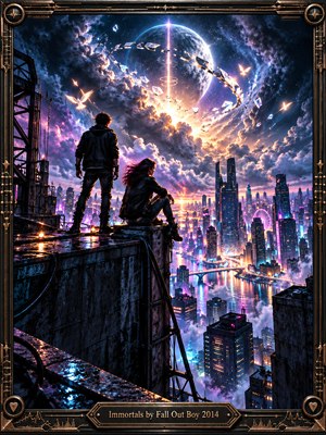 Two young figures overlook a glowing futuristic metropolis beneath a vast celestial sphere and swirling crystalline fragments. Electric blues, purples, and golden light illuminate storm clouds, bridges, and towering skyscrapers. This cinematic digital painting conveys courage, resilience, and wonder, enclosed within an ornate metallic frame with engraved musical details.